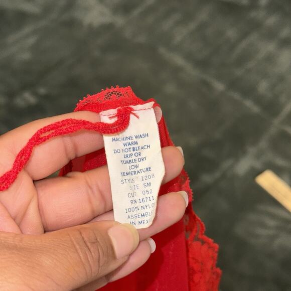 Vintage Red Trim Lace Short Sheer Mesh Nightie Robe Lingerie Women’s Small - Picture 6 of 9